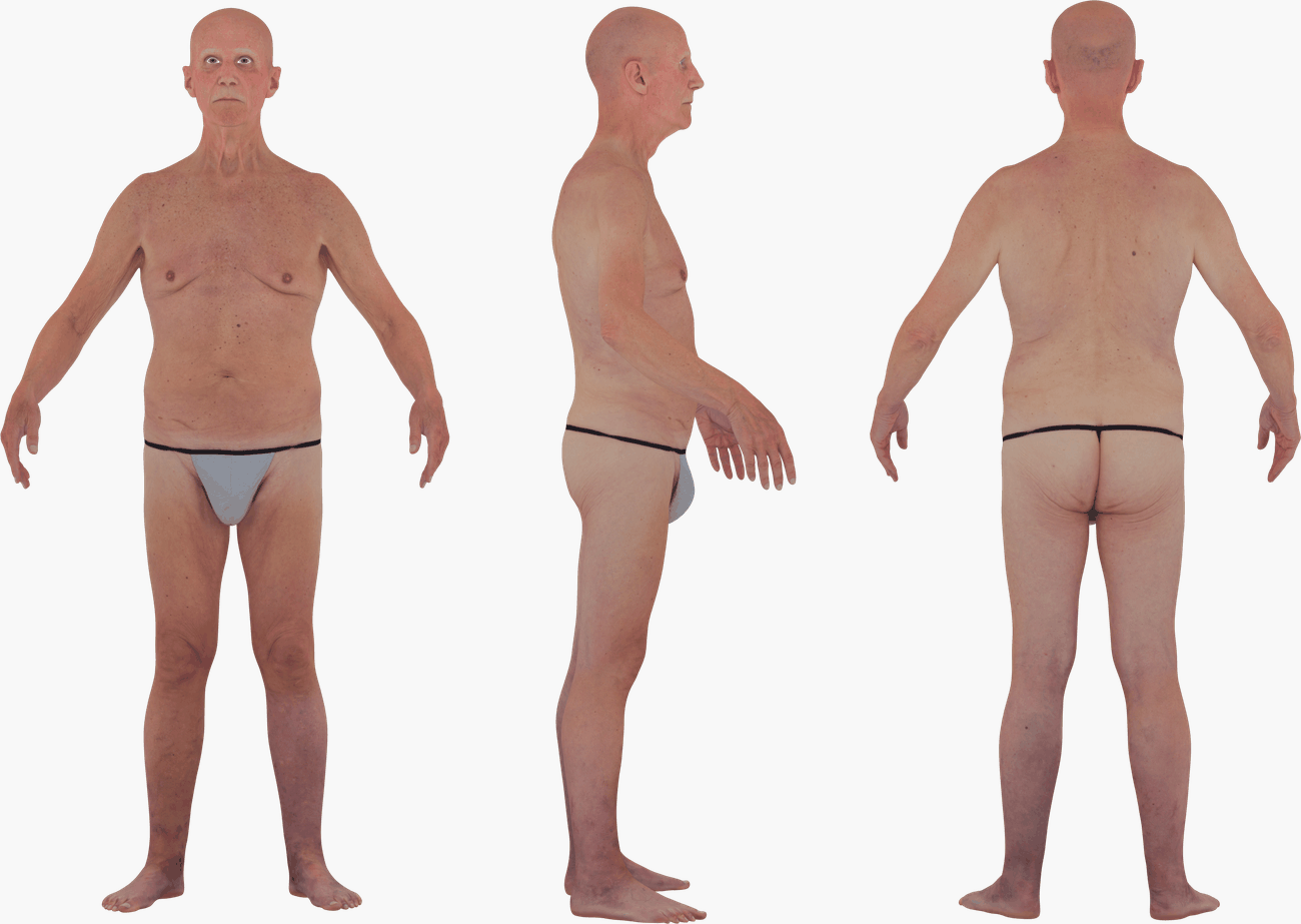 PBR texture map set for an older male 3D body scan, including Albedo, Specular, Normal, Metalness, and Diffuse maps at 16K